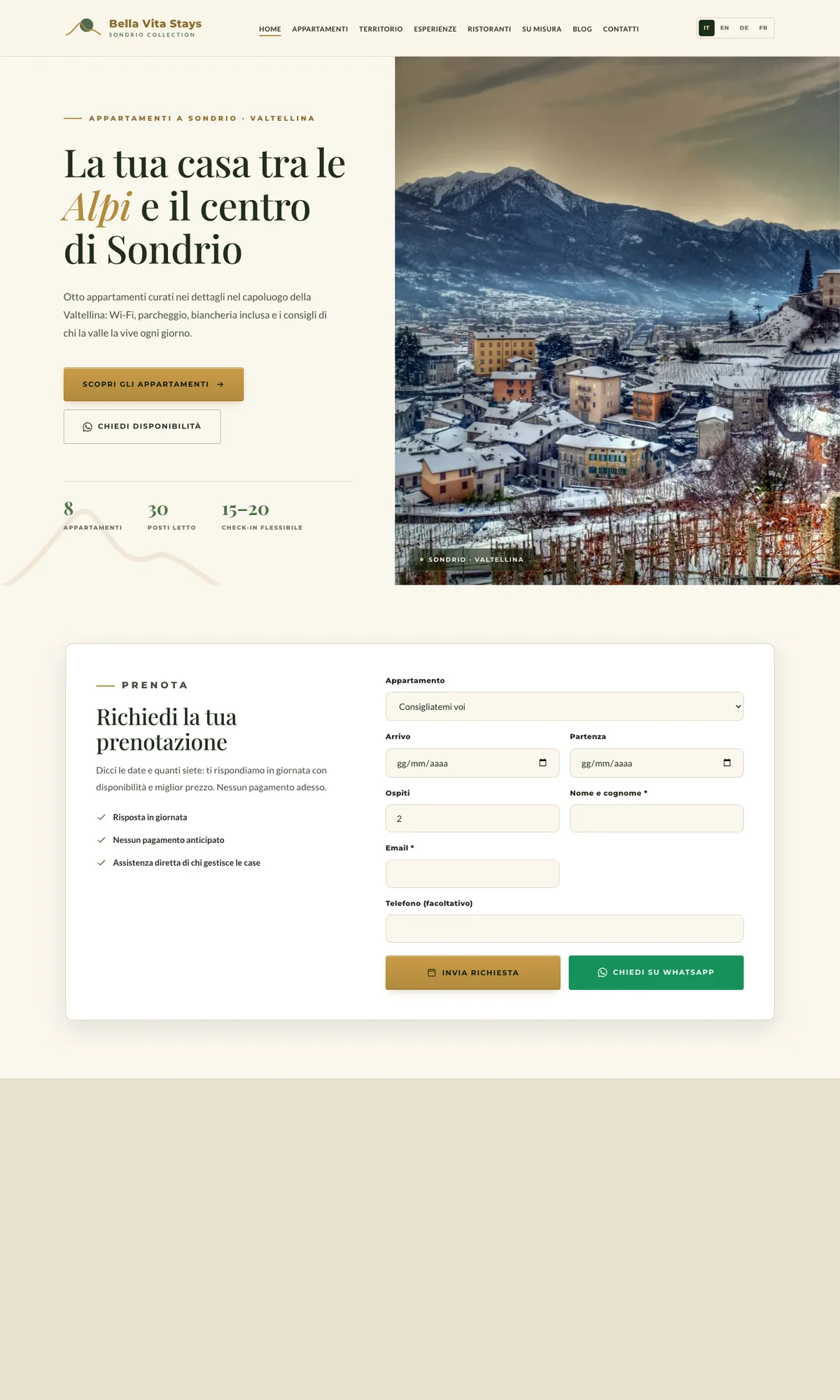 Homepage Bella Vita Stays su desktop con form di prenotazione